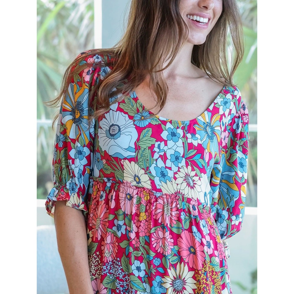 NEW Natural Life Collette Tiered Floral Maxi Dress Ruffle Womens XL Pink Blue - Picture 2 of 14